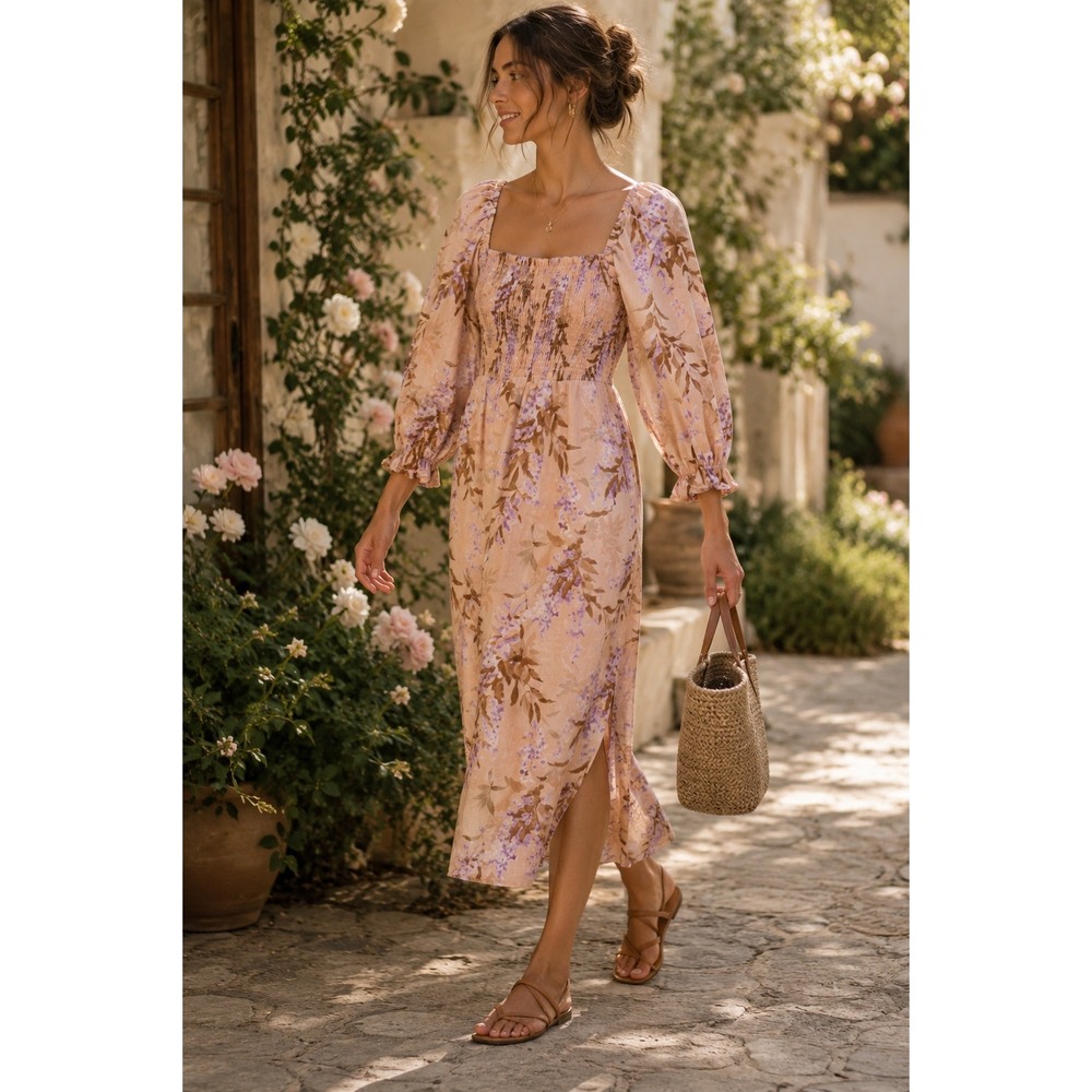 House of Harlow 1960 Floral Linen Blend Smocked Midi Dress Cottagecore XS